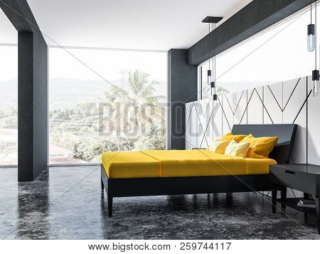 White Geometric Wall Pattern Bedroom Interior With A Concrete Floor, A Panoramic Window With Tropica