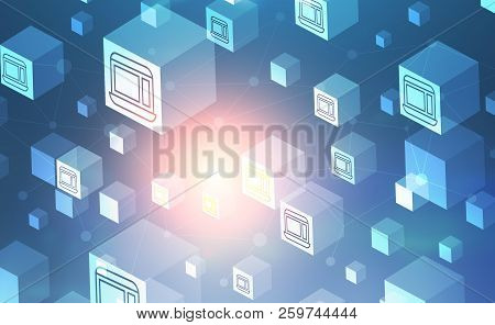 White Cubes With Icons Over Blue Background And Polygonal Network Structures Interface. Concept Of H