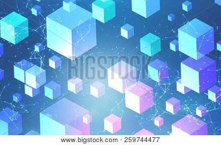 White And Purple Cubes Over Blue Background And Polygonal Network Structures Interface. Concept Of H