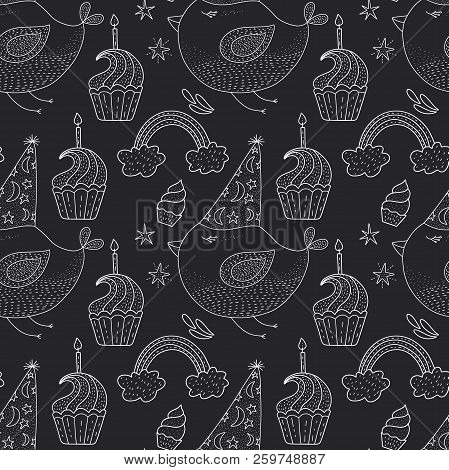 Birthday Vector Seamless Pattern With Cheerful Cute Bird. Cute Outline Illustration.