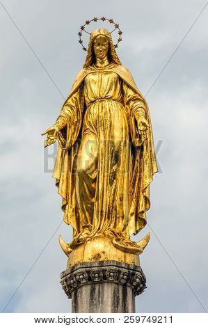Gilded Statue Of Maria Immaculata On A Sphere With Snake And A Crescent Moon, Sculpted By Anton Domi