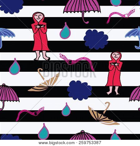 Rain Elements On Black And White Stripes Seamless Pattern