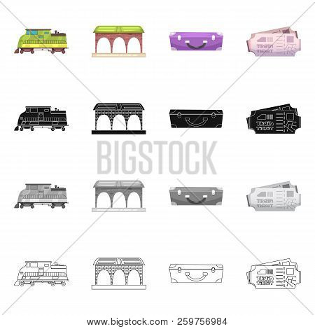 Vector Design Of Train And Station Symbol. Collection Of Train And Ticket Stock Symbol For Web.