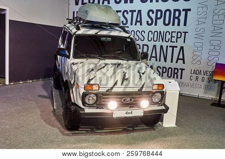 Krasnoyarsk, Russia - September 22, 2018: Exhibition Motor Expo Show Car Lada Niva Front View. There