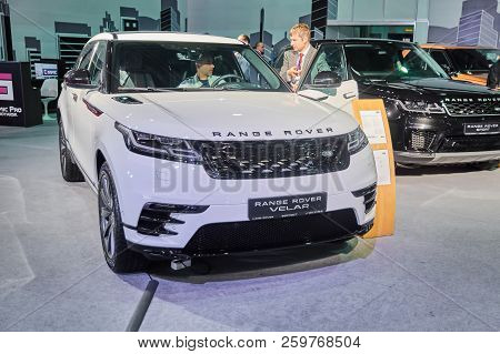 Krasnoyarsk, Russia - September 22, 2018: Exhibition Motor Expo Show Car Range Rover Velar. Front Vi