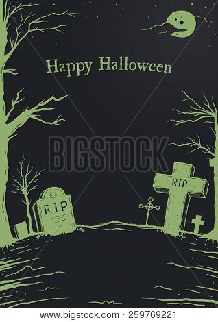 Vector Illustration Of Halloween Background, Cemetery Or Grave Yard With Headstone