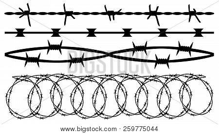 Barbed Wire, Seamless Brush. Barbwire Set Isolated Silhouette, Vector Background