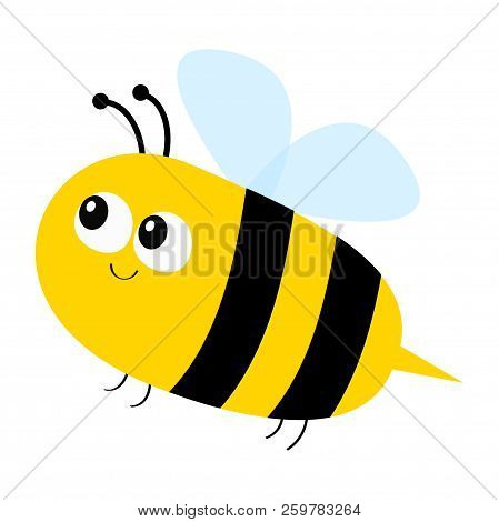 Flying Bee Icon. Big Eyes. Cute Cartoon Funny Baby Caharacter. Flat Design. White Background. Isolat