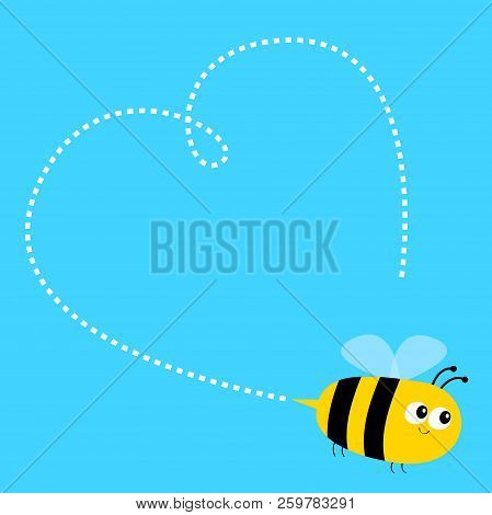 Flying Bee Icon. Dash Line Heart. Happy Valentines Day. Big Eyes. Cute Cartoon Funny Baby Caharacter