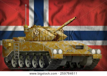 Light Tank Apc With Desert Camouflage On The Norway Flag Background. 3d Illustration