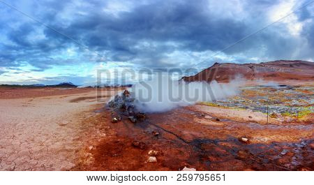 Smoking fumaroles on Hverarond valley, north Iceland, Europe. Landscape photography