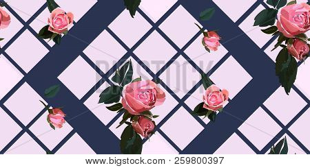 Floral Seamless Background Pattern With Gride. Watercolor Pink Garden Roses In Hand Drawn Style. Ele