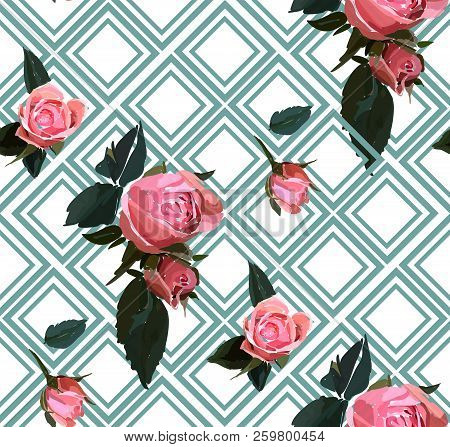 Floral Seamless Background Pattern With Gride. Watercolor Pink Garden Roses In Hand Drawn Style. Ele