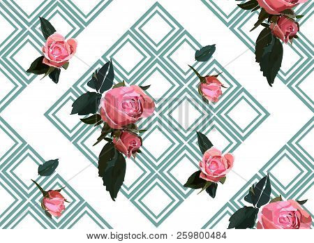 Floral Seamless Background Pattern With Gride. Watercolor Pink Garden Roses In Hand Drawn Style. Ele