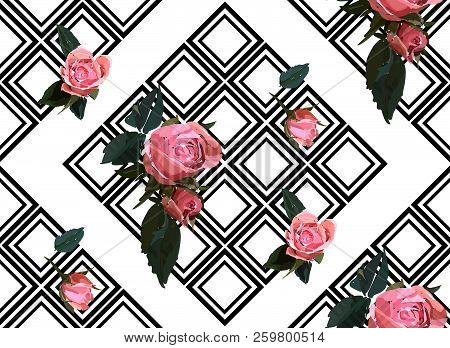 Floral Seamless Background Pattern With Gride. Watercolor Pink Garden Roses In Hand Drawn Style. Ele
