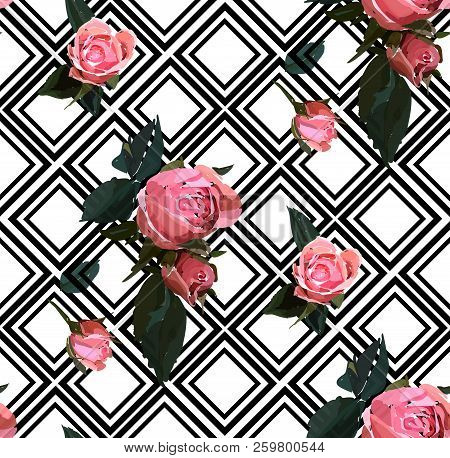 Floral Seamless Background Pattern With Gride. Watercolor Pink Garden Roses In Hand Drawn Style. Ele