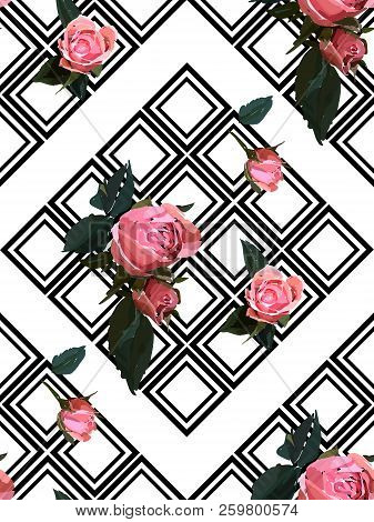 Floral Seamless Background Pattern With Gride. Watercolor Pink Garden Roses In Hand Drawn Style. Ele