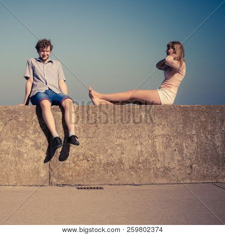 Happiness Summer Dating Concept. Man And Woman Spending Time Together Having Fun Outdoor.