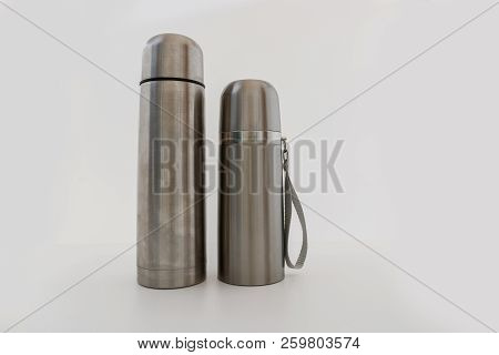 Stainless Steel Vacuum Flask , Keep Hot Water On White Background