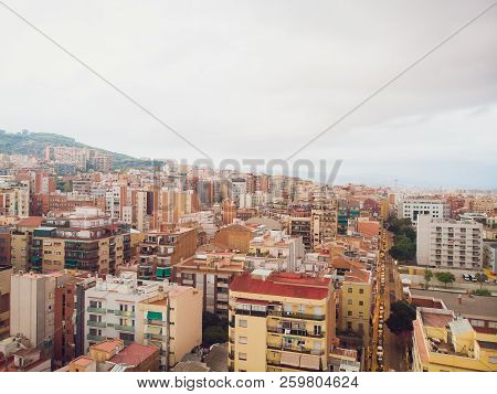Aerial View Sants-montjuic Residential District From Helicopter. Barcelona