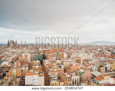Aerial View Sants-montjuic Residential District From Helicopter. Barcelona
