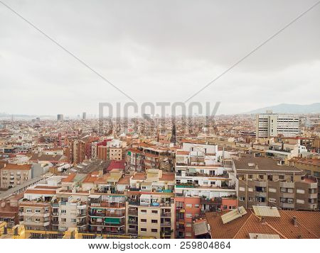 Aerial View Sants-montjuic Residential District From Helicopter. Barcelona