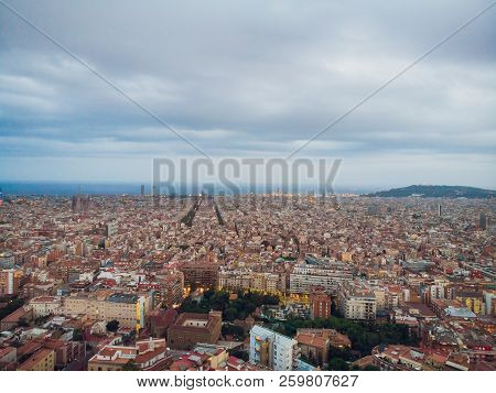 Aerial View Sants-montjuic Residential District From Helicopter. Barcelona