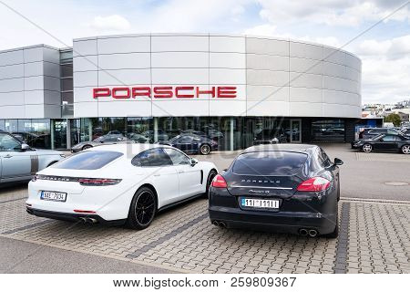 Prague, Czech Republic - September 22 2018: Cars In Front Of Porsche Automotive Company Dealership B