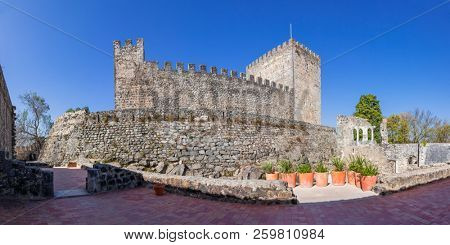 Leiria, Portugal - October 10, 2017: Keep of the medieval Castle  of Leiria seen from the Palatial Residence. Belonged to the Knights Templar.