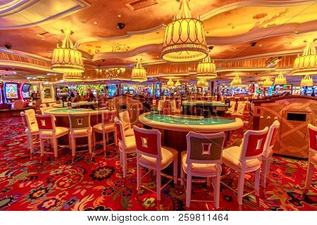 Las Vegas, Nevada, United States - August 18, 2018: Blackjack Tables And Slot Machine Inside The Lux