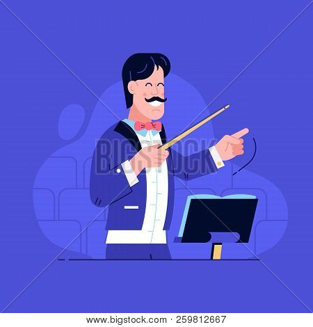 Smiling Orchestra Conductor Character Directing With Baton On Concert Hall. Leader Man In Stage Tuxe