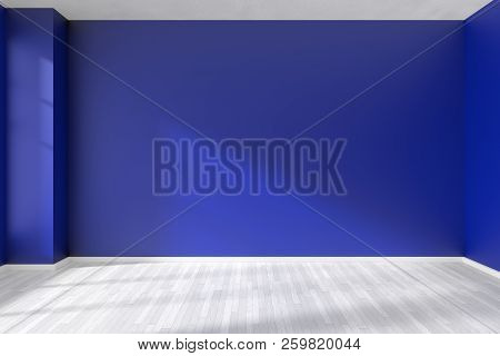 Empty Room With Blue Flat Smooth Walls And White Wooden Parquet Floor And Baseboard Under Sun Light 