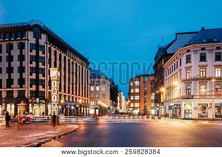 Riga, Latvia - December 14, 2016: Night View Of Freedom Square In Night Lighting Illumination.