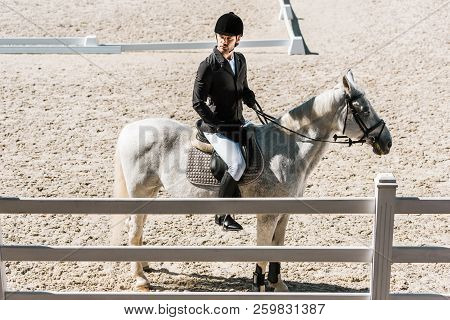 Side View Of Handsome Male Equestrian In Professional Apparel Sitting On Horse At Ranch And Looking 