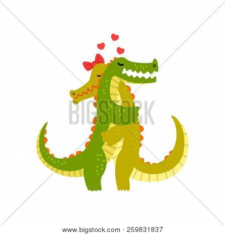 Couple Of Crocodiles In Love Embracing Each Other, Two Happy Wild Aniimals Hugging Vector Illustrati