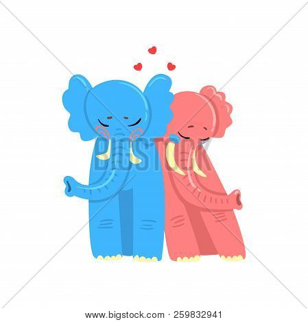 Couple Of Elephants In Love Embracing Each Other, Two Happy Aniimals Hugging With Hearts Over Their 
