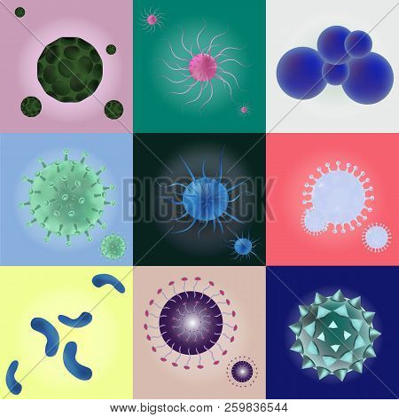 3d Realistic Vector Set Viruses And Bacteria. Viruses And Bacteria Under Microscope. Concept Infecte
