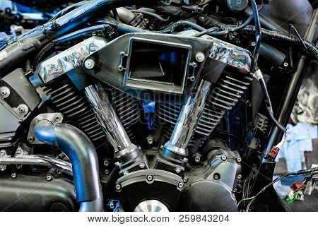 Engine Close Up Shot Of Beautiful And Custom Made Motorcycle