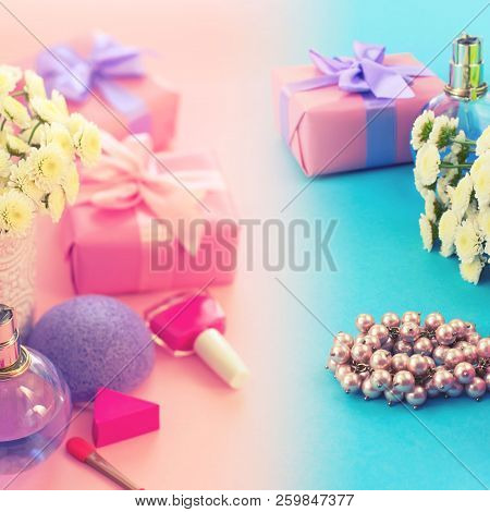 Fashion Women Accessories Cosmetics Flowers Bouquet Gift Box Bow Cocktail On Pink Background Gradien