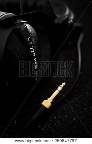 Beyerdynamic Circumaural Head Phones Over Black Background, For Mixing, Mastering, Monitoring (close