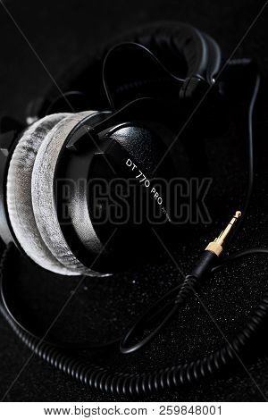 Beyerdynamic Circumaural Head Phones Over Black Background, For Mixing, Mastering, Monitoring (close