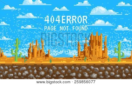 404 Error Page. Not Found. Landscape Background, Pixel Art, 8-bit Game Digital Vintage Style For Web