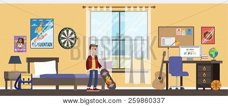 Chikd Standing In His Room With Skateboard.
