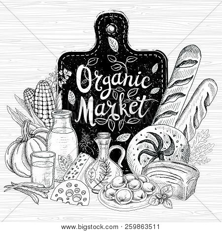 Organic Market, Logo Design, Healthy Food Shop. Vegetables, Fruits, Meat, Milk, Eggs, Bread. Organic