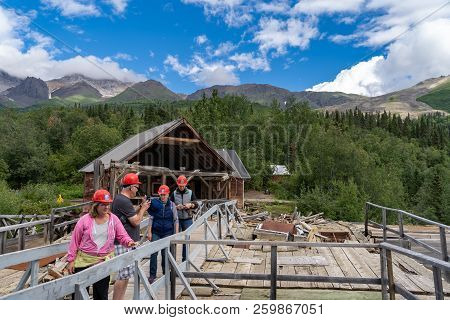 August 12 2018 - Kennecott Alaska: A Tour Group Walks Into The Abandoned Copper Mine, Kennecott Mine