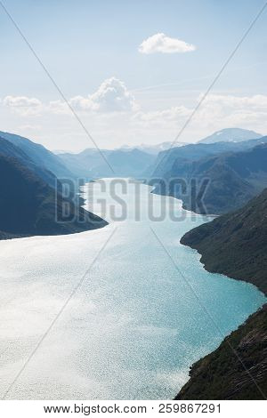 Aerial View Of Gjende Lake, Besseggen Ridge, Jotunheimen National Park, Norway