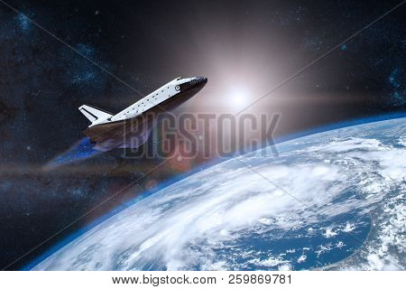 Blue Planet Earth. Space Shuttle Taking Off On A Mission. Elemen