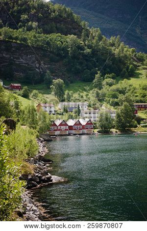 Houses In Flam Village Near Beautiful Mountains, Aurlandsfjord Aurlandsfjorden , Norway