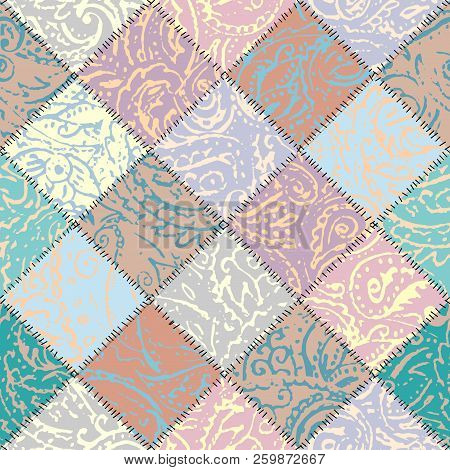 Grunge Paisley Pattern In Collage Patchwork Style.
