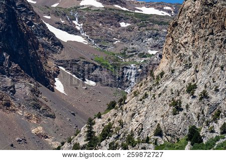 Close Of View Of Mountains In The Eastern Sierra Nevada Range Near June Lake California, With A Smal